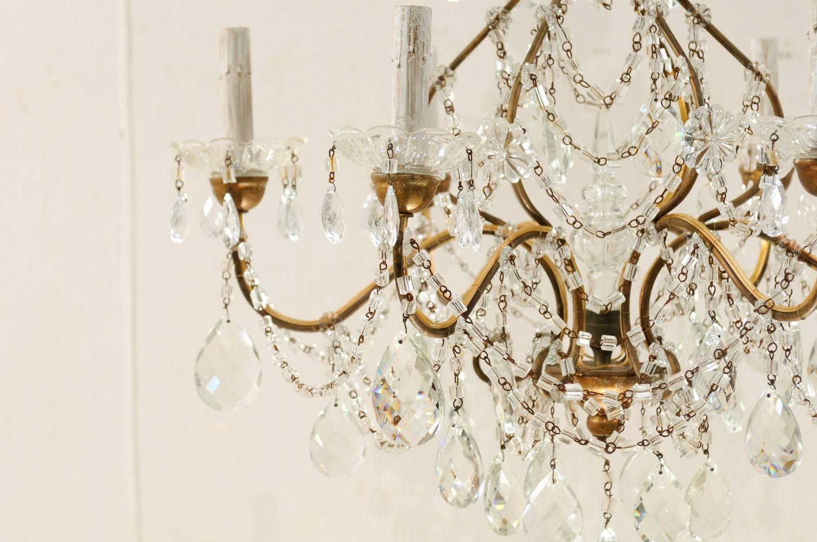 Pair of Italian Mid-Century Crystal Chandeliers with Six-Lights Each, Gold Hue 3