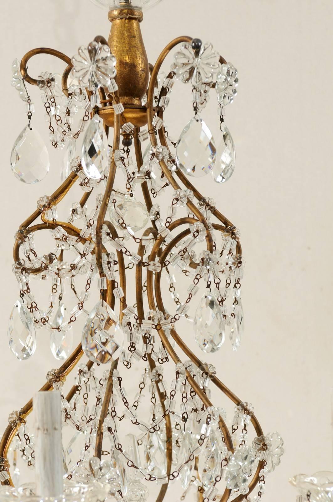 Pair of Italian Mid-Century Crystal Chandeliers with Six-Lights Each, Gold Hue In Good Condition In Atlanta, GA