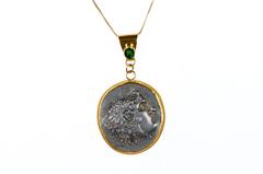 Ancient Macedonian Alexander the Great Coin Set in 22 kt Gold & Emerald Pendant