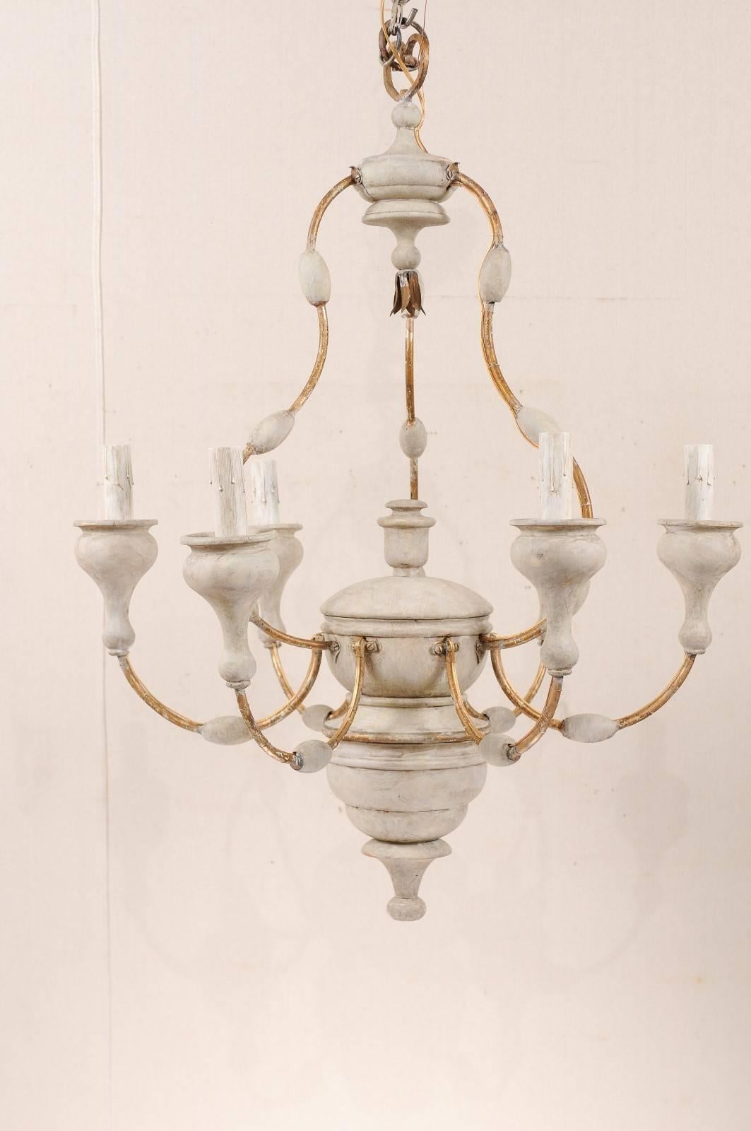 Turned Italian Light Colored Painted Wood and Metal Chandelier with Gold Accents