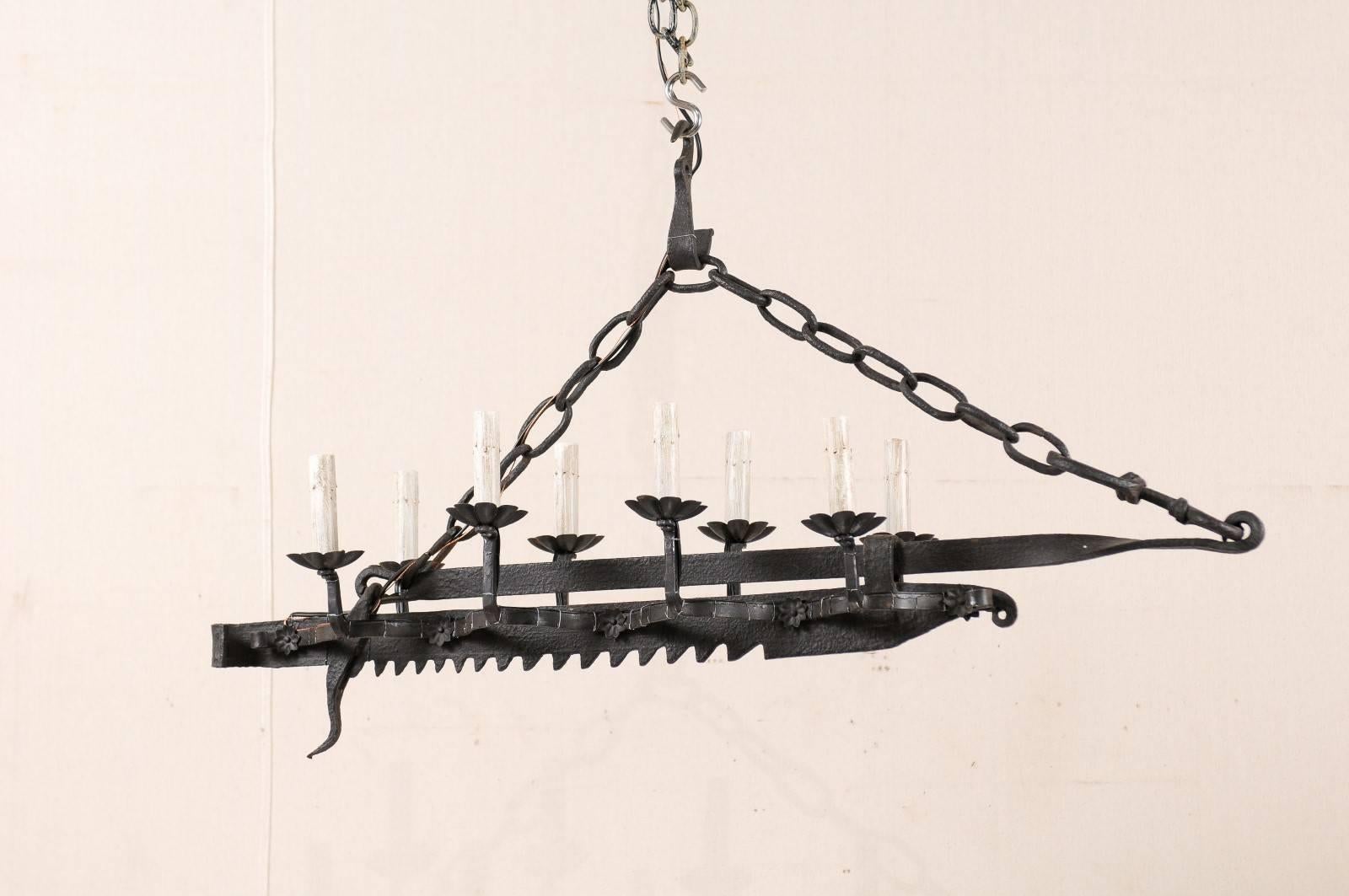 Rustic Mid-Century Eight-Light Forged Iron Spit-Jack Chandelier from 19th Century