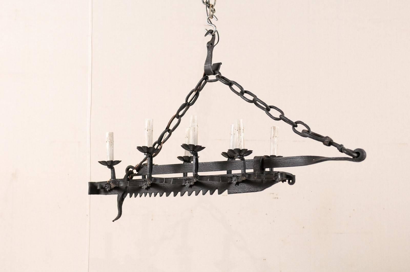 French Mid-Century Eight-Light Forged Iron Spit-Jack Chandelier from 19th Century