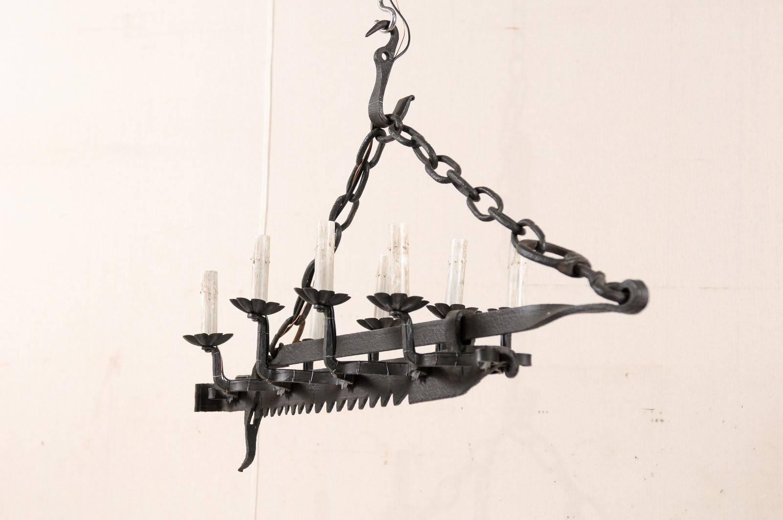 Mid-Century Eight-Light Forged Iron Spit-Jack Chandelier from 19th Century 1