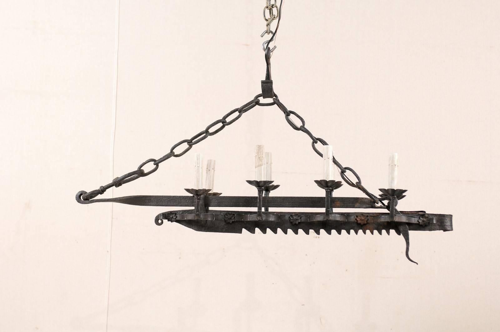 Mid-Century Eight-Light Forged Iron Spit-Jack Chandelier from 19th Century In Good Condition In Atlanta, GA