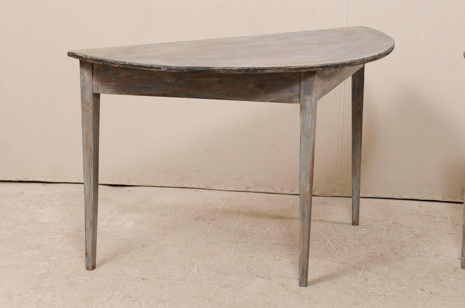 Gustavian Pair of Swedish 19th Century Demi-lune Painted Wood Tables in Blue Grey Wash