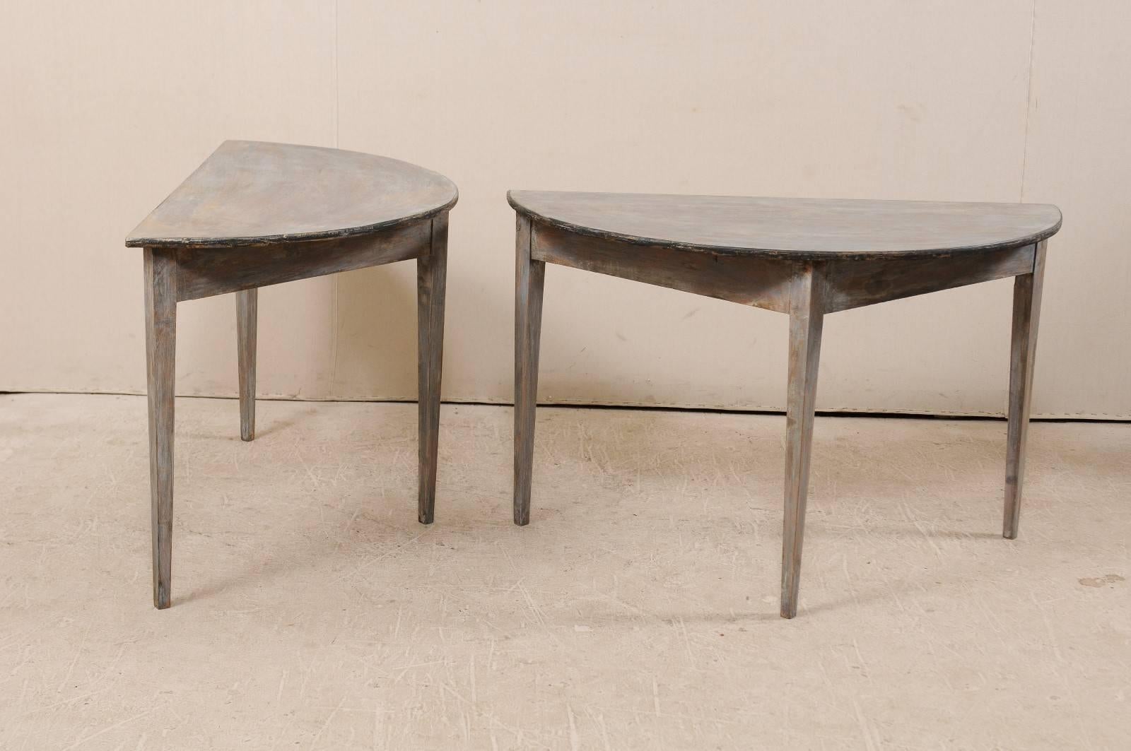 Pair of Swedish 19th Century Demi-lune Painted Wood Tables in Blue Grey Wash 3
