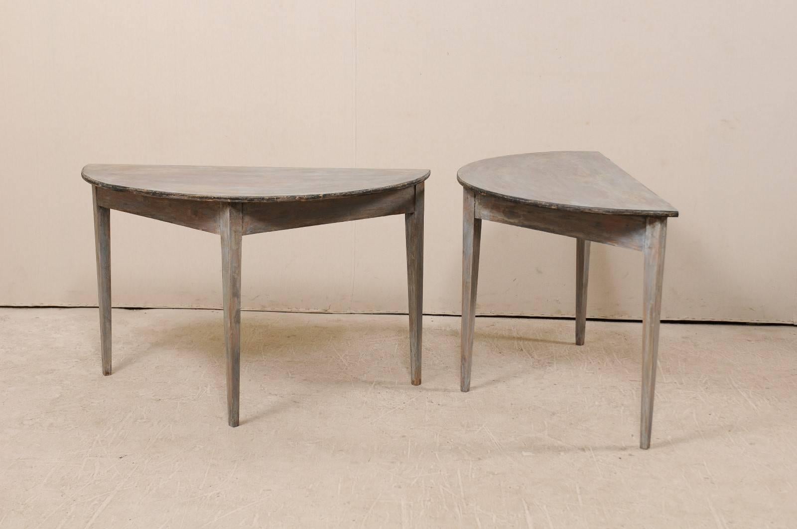 Pair of Swedish 19th Century Demi-lune Painted Wood Tables in Blue Grey Wash 6