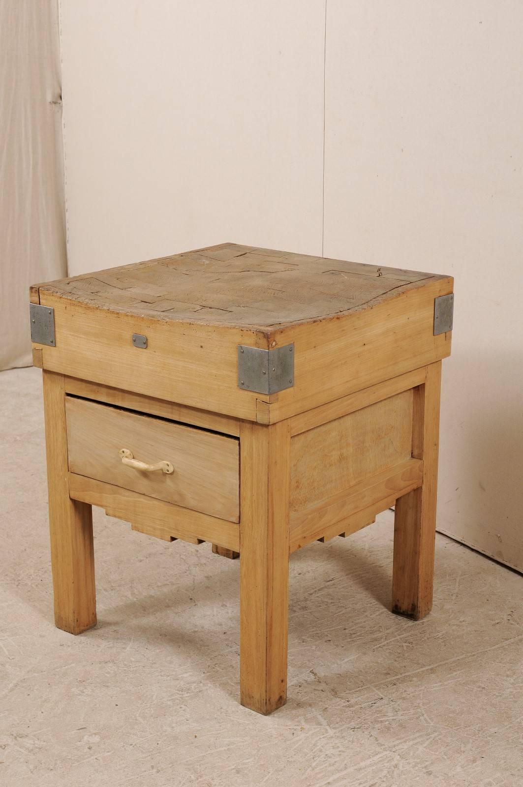 Wood Vintage Swedish Butcher Block Side Table with Geometric Skirt and Angular Legs For Sale