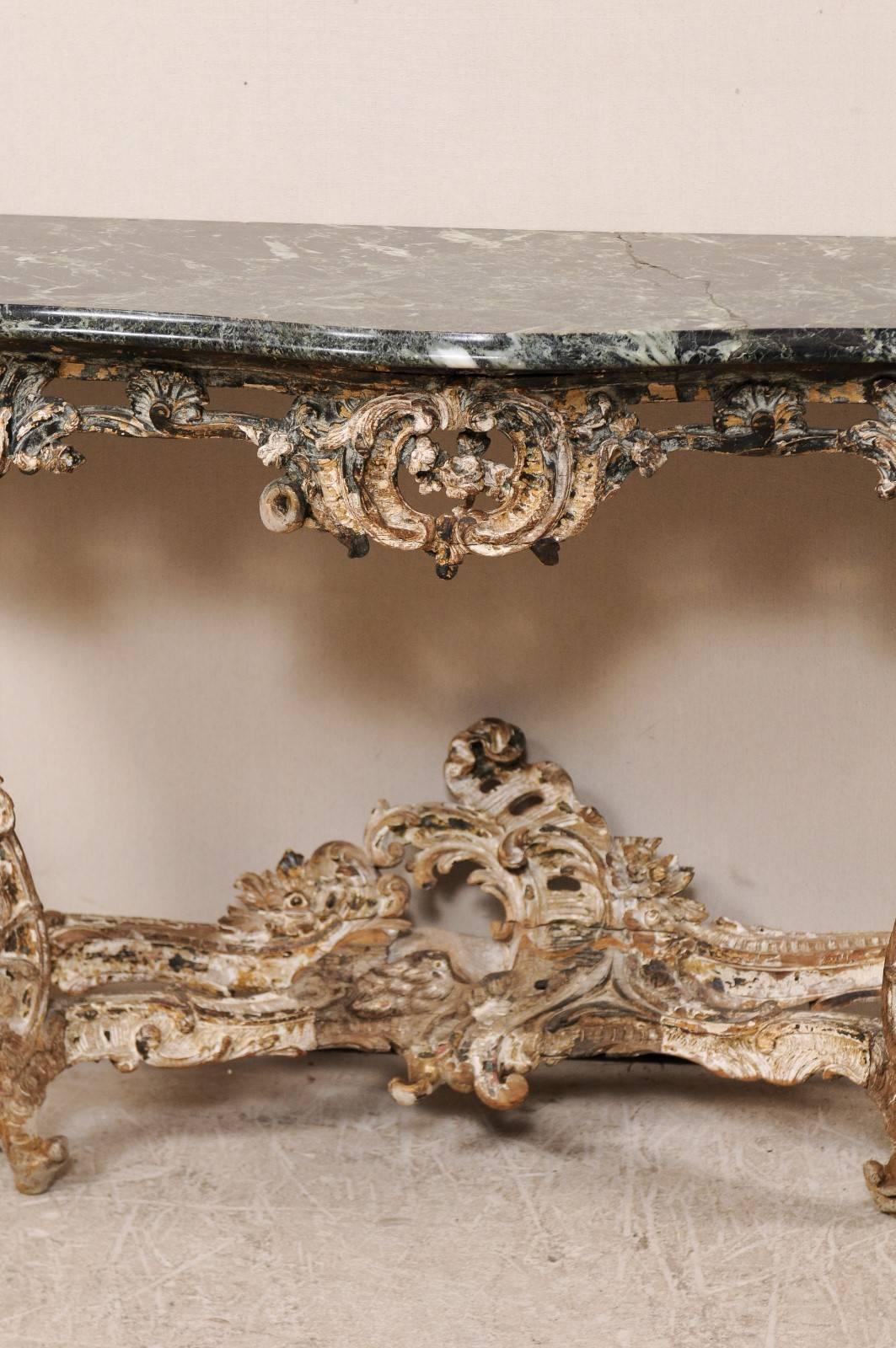18th Century and Earlier French 18th Century Rococo Period Richly Carved Wood and Marble Console Table