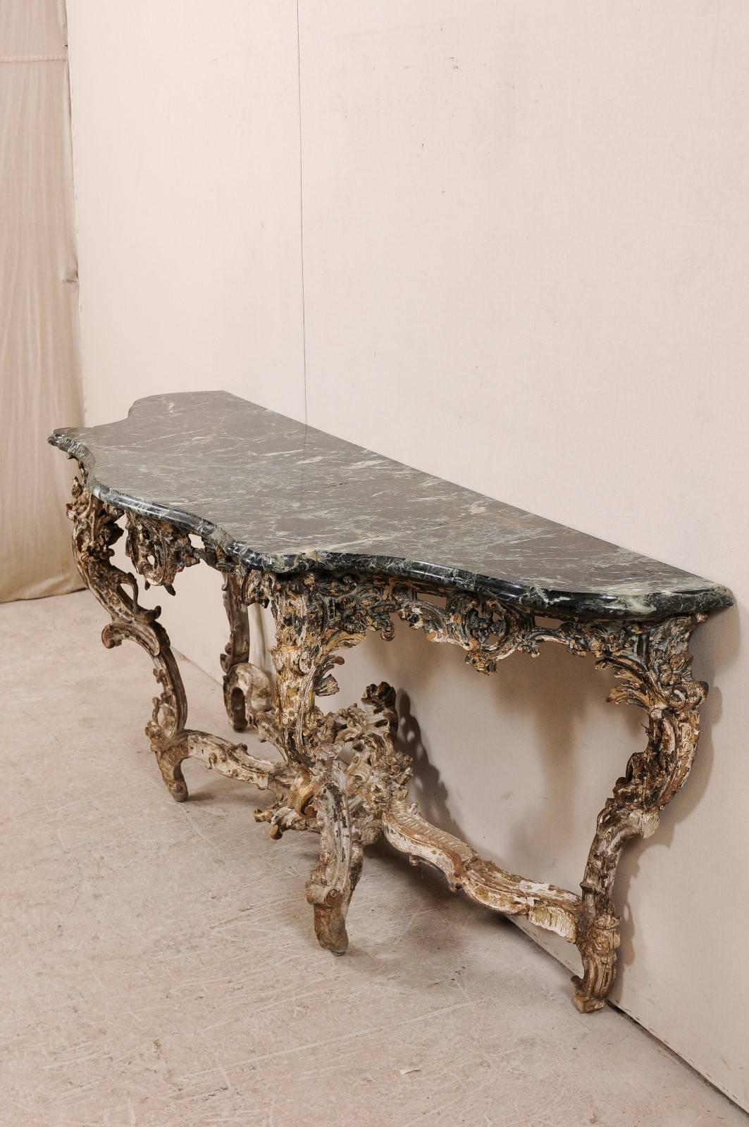 French 18th Century Rococo Period Richly Carved Wood and Marble Console Table 1