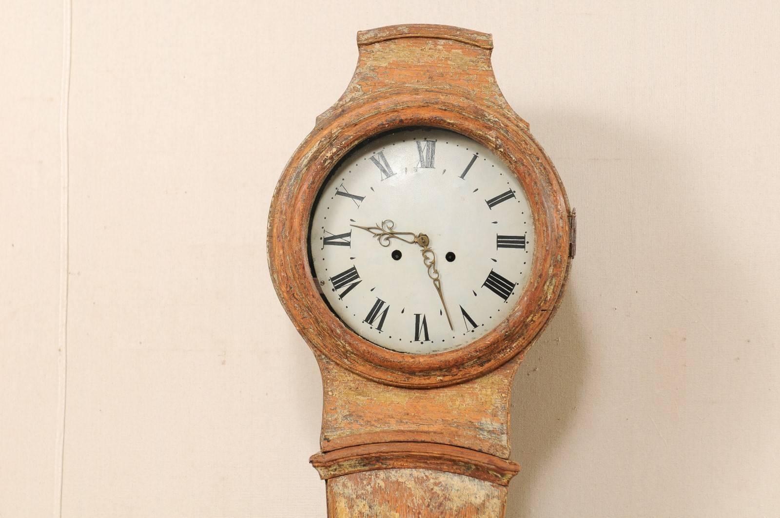 19th Century Swedish Painted Wood Longcase / Floor Clock with Scraped Finish In Good Condition For Sale In Atlanta, GA