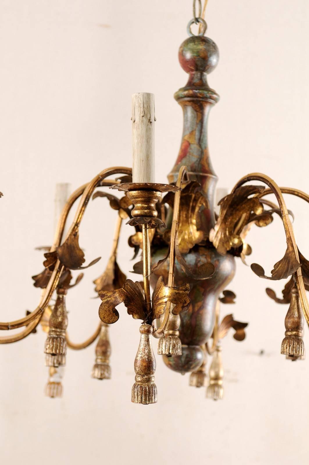 Italian 8-Light Painted Column Chandelier w/Gold Metal Arms & Carved-Tassels  In Good Condition In Atlanta, GA
