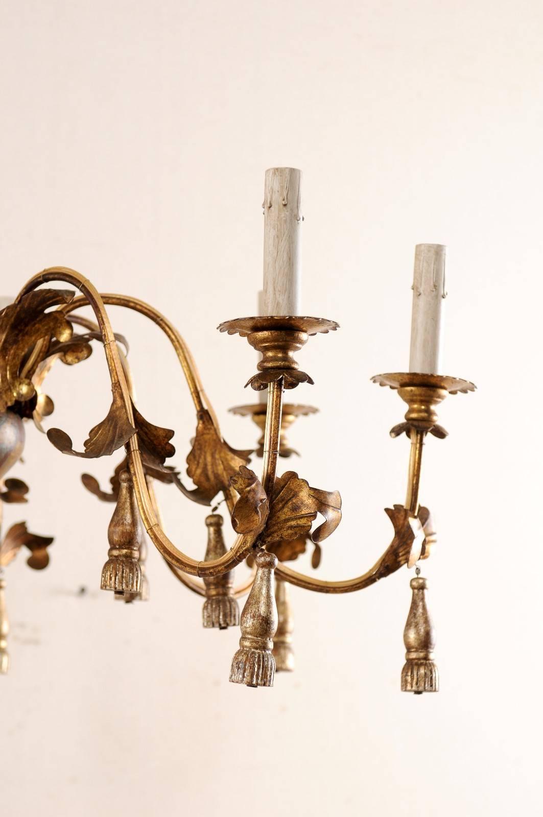 20th Century Italian 8-Light Painted Column Chandelier w/Gold Metal Arms & Carved-Tassels 