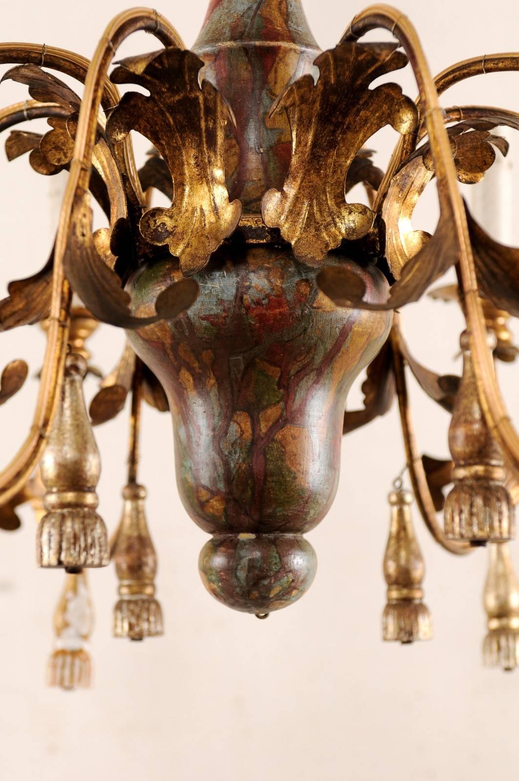 Italian 8-Light Painted Column Chandelier w/Gold Metal Arms & Carved-Tassels  3