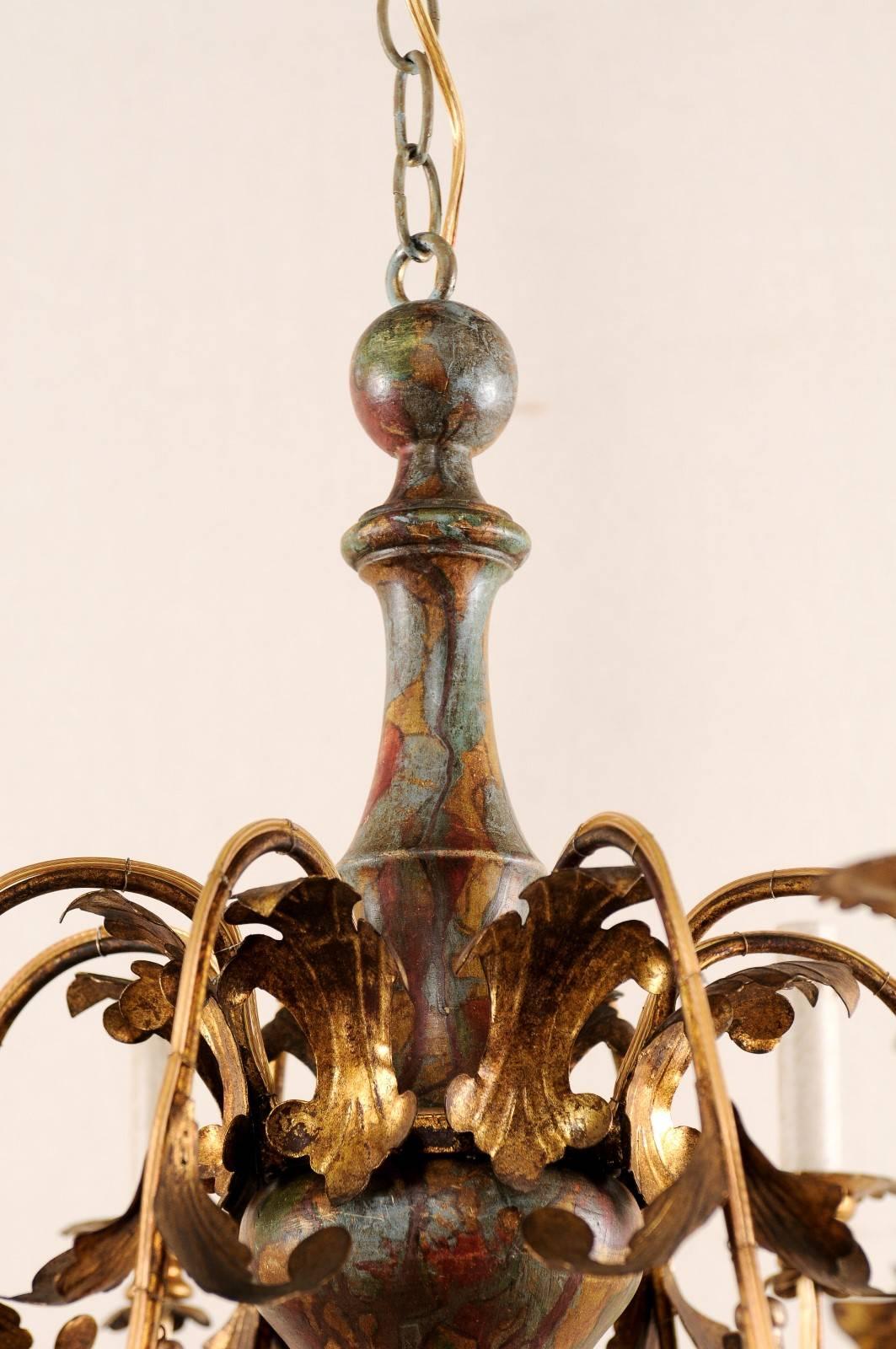 Italian 8-Light Painted Column Chandelier w/Gold Metal Arms & Carved-Tassels  4