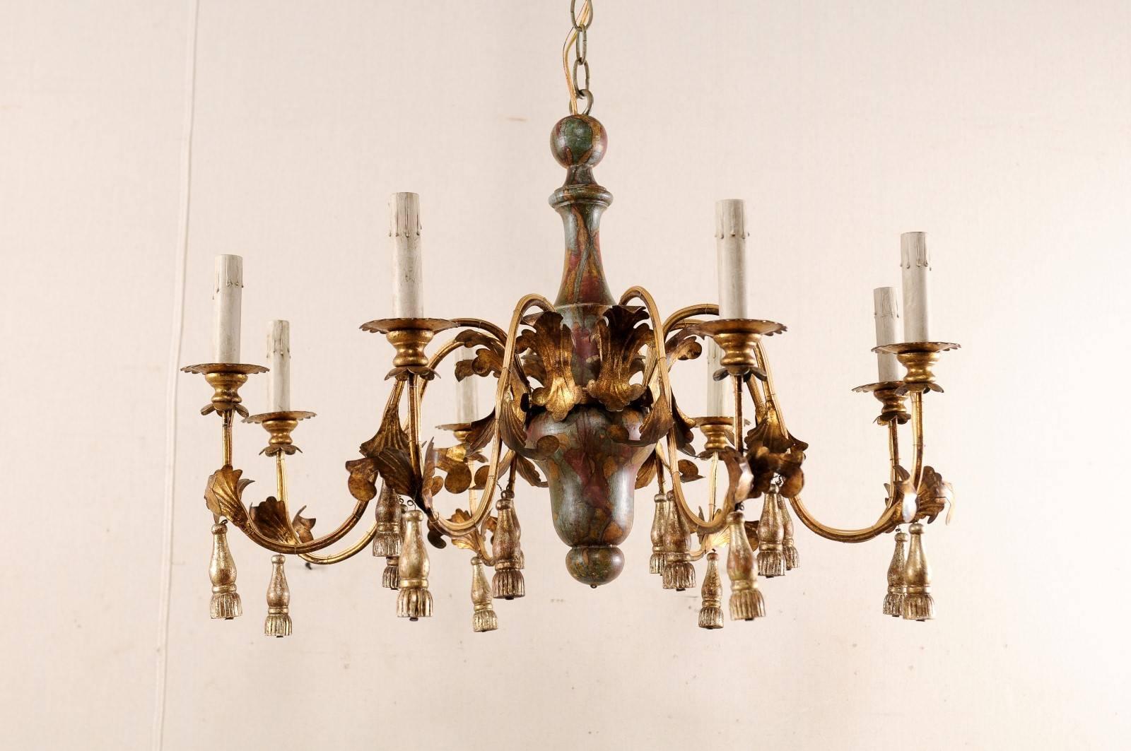 Italian 8-Light Painted Column Chandelier w/Gold Metal Arms & Carved-Tassels  5