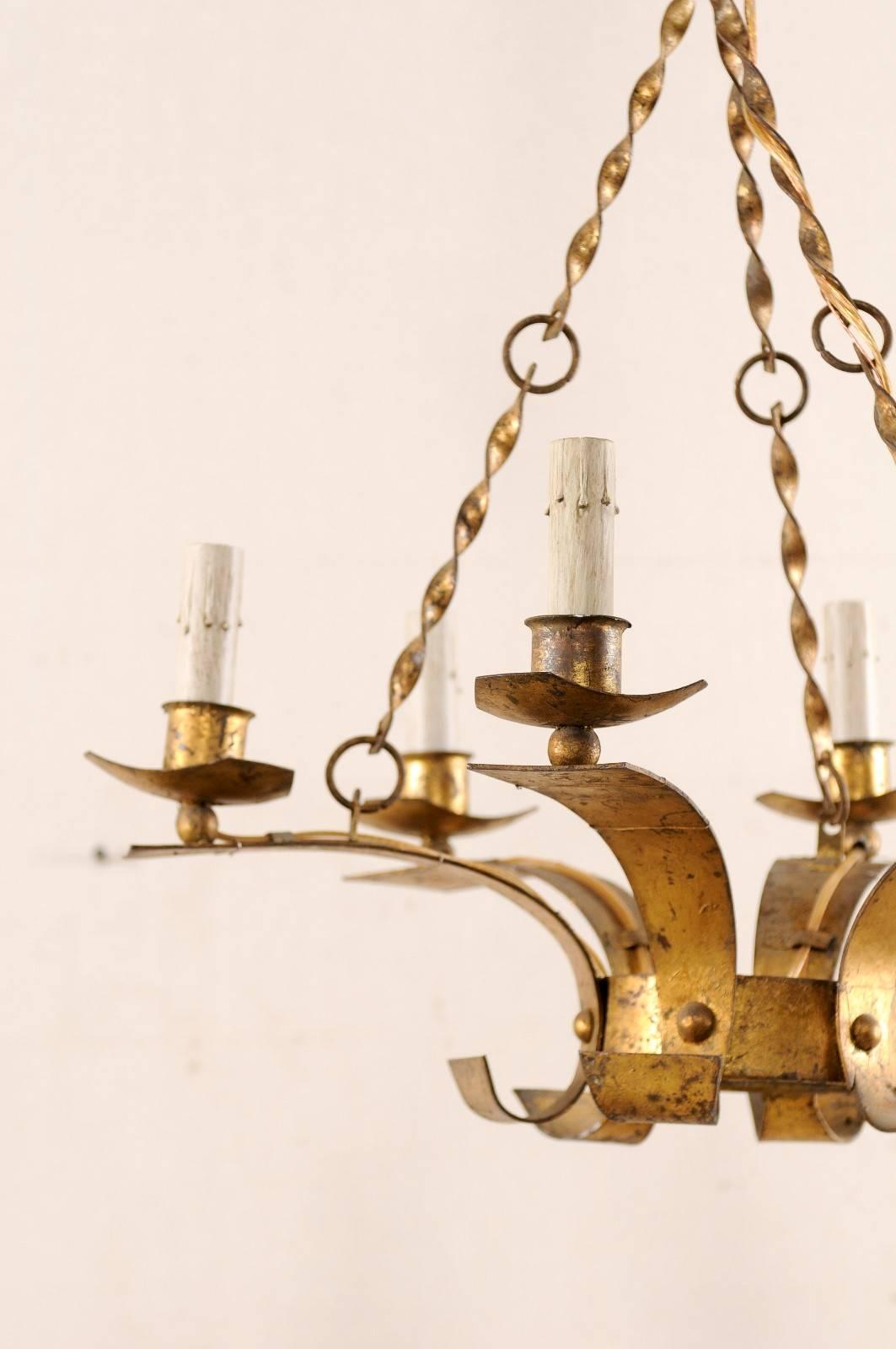20th Century French Gilt Iron Six-Light Chandelier Suspended w/ Twisted Chains, Mid-Century For Sale