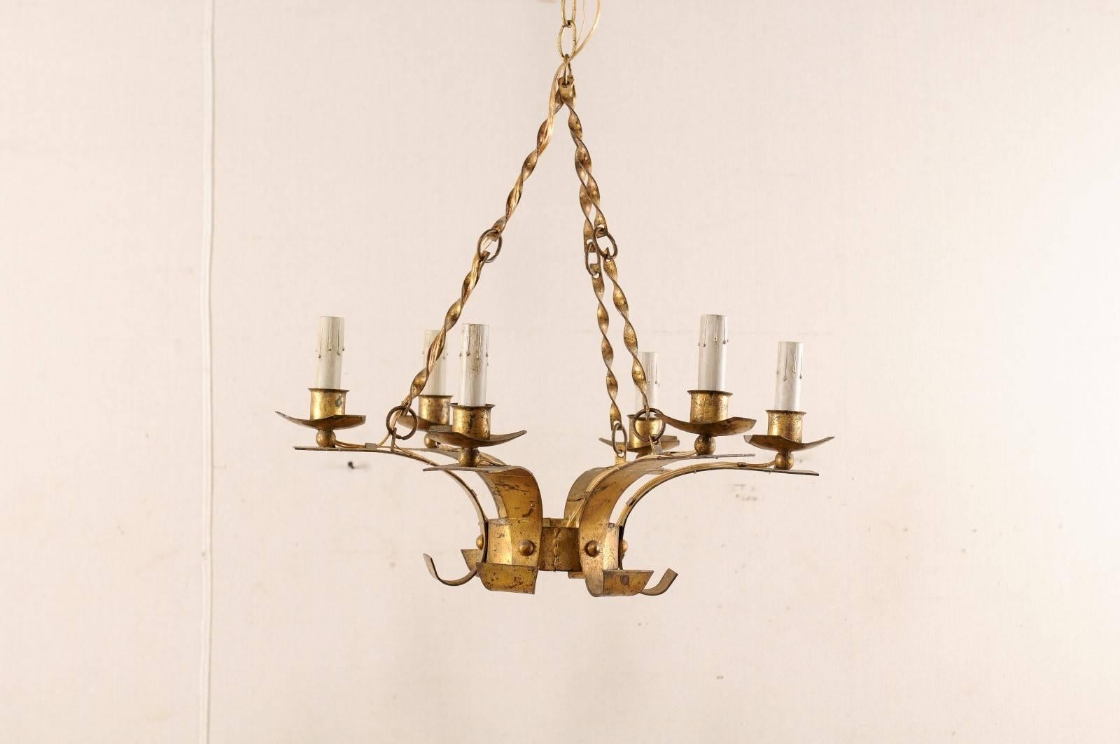 Painted French Gilt Iron Six-Light Chandelier Suspended w/ Twisted Chains, Mid-Century For Sale