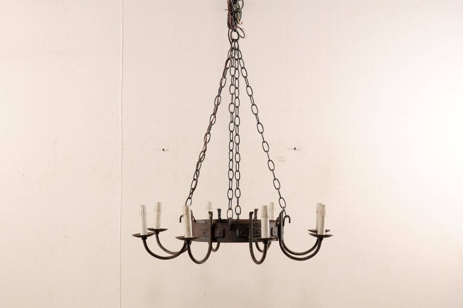 Patinated French Mid-20th Century Eight-Light Chandelier with Nicely Aged Iron Ring
