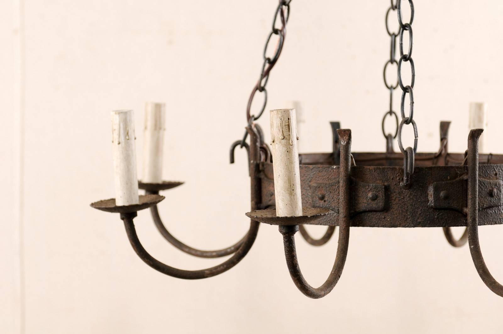 French Mid-20th Century Eight-Light Chandelier with Nicely Aged Iron Ring 2