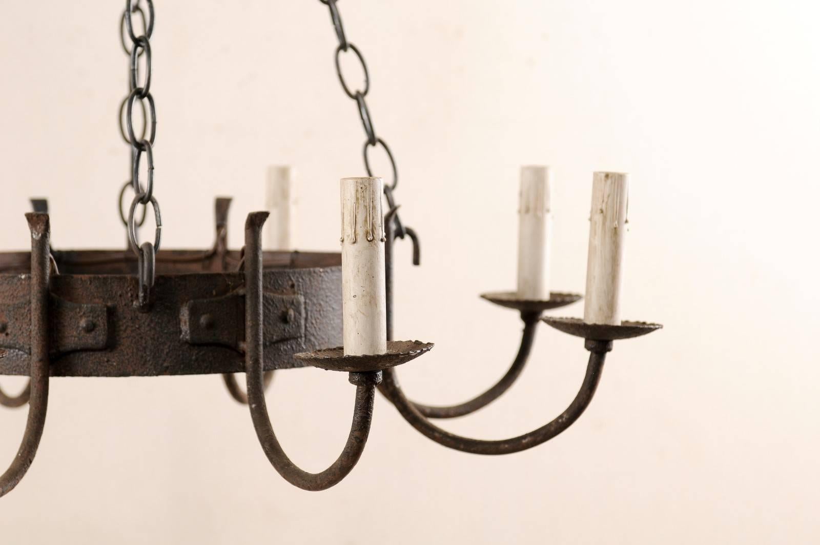 French Mid-20th Century Eight-Light Chandelier with Nicely Aged Iron Ring 3