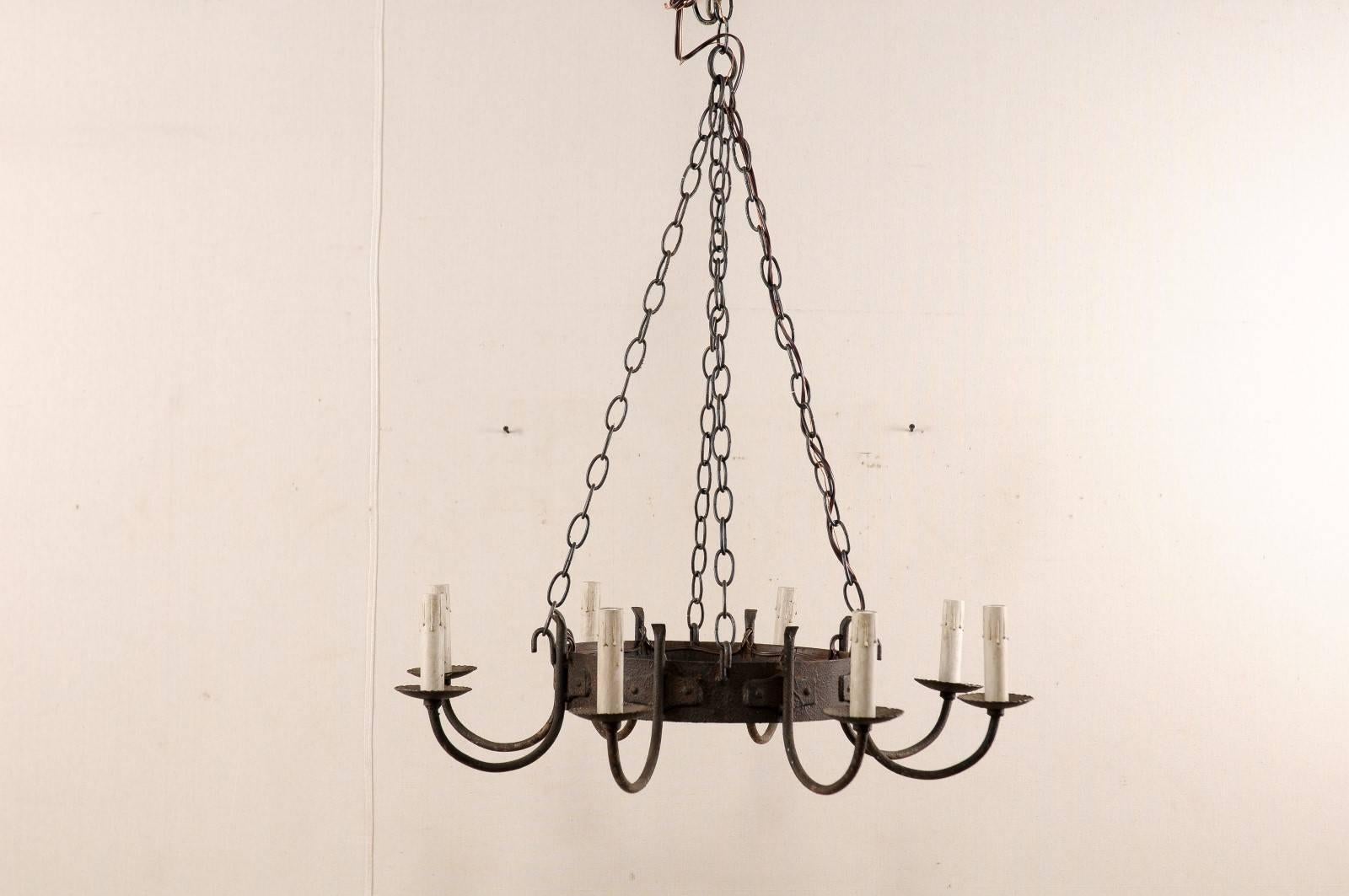 French Mid-20th Century Eight-Light Chandelier with Nicely Aged Iron Ring In Good Condition In Atlanta, GA