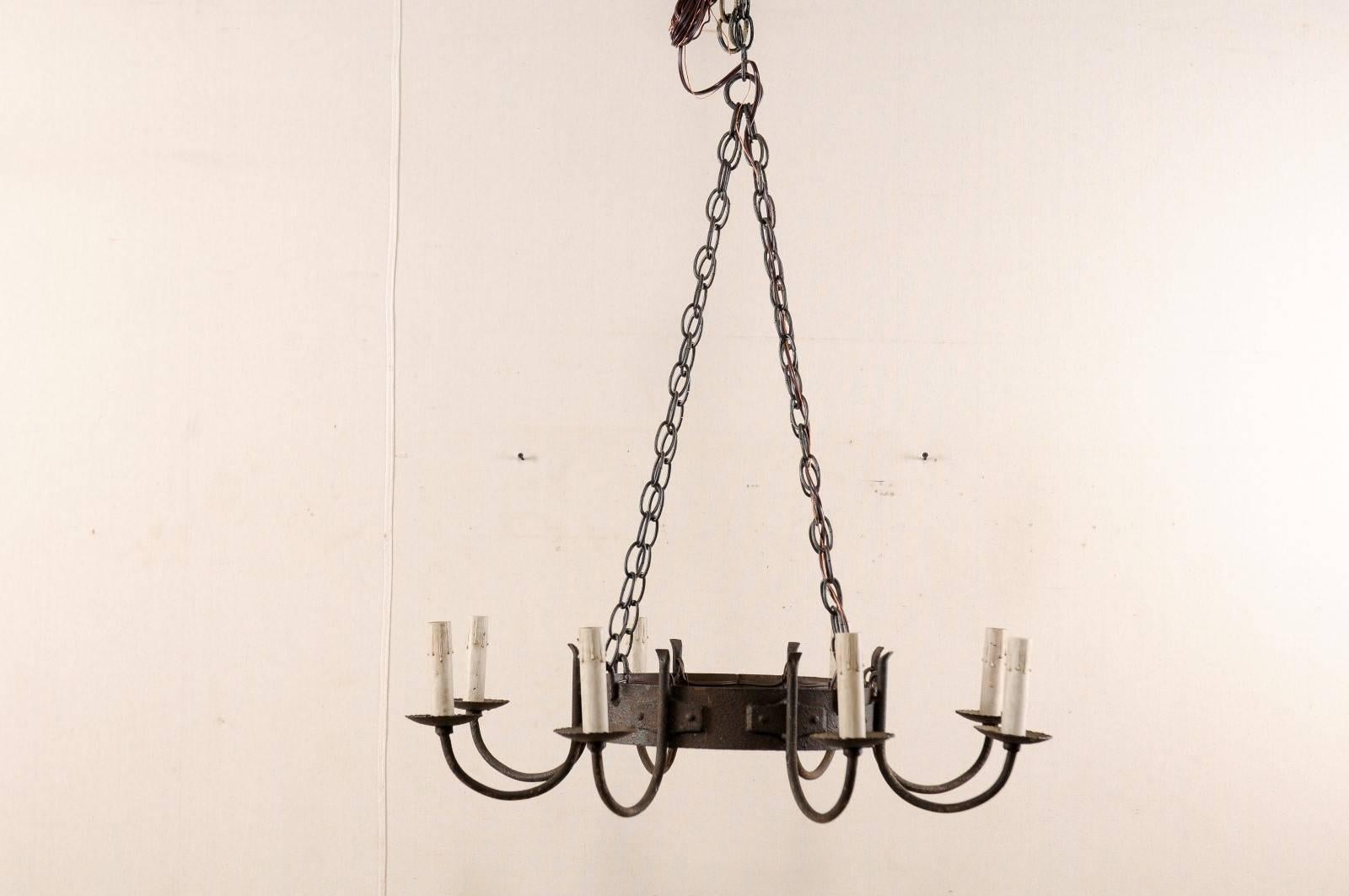 Metal French Mid-20th Century Eight-Light Chandelier with Nicely Aged Iron Ring
