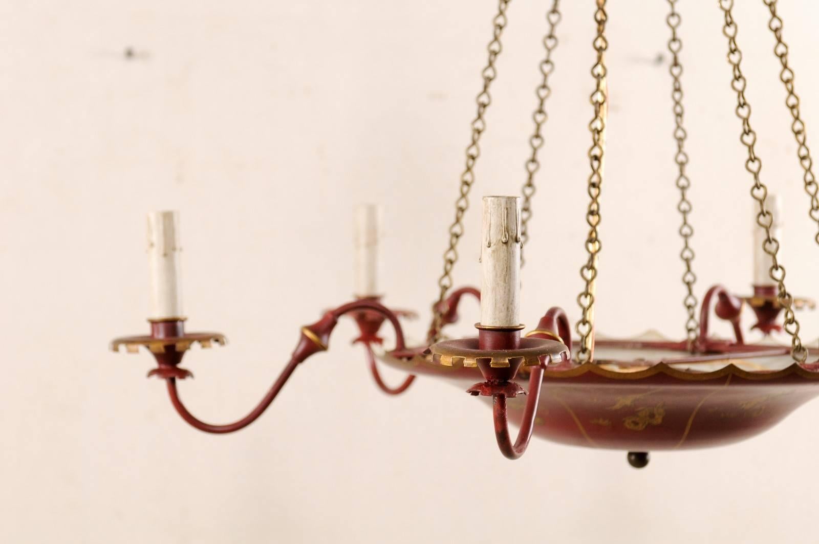 20th Century Vintage English Red Tole Six-Light Chandelier with Chinoiserie Gold Color Decor