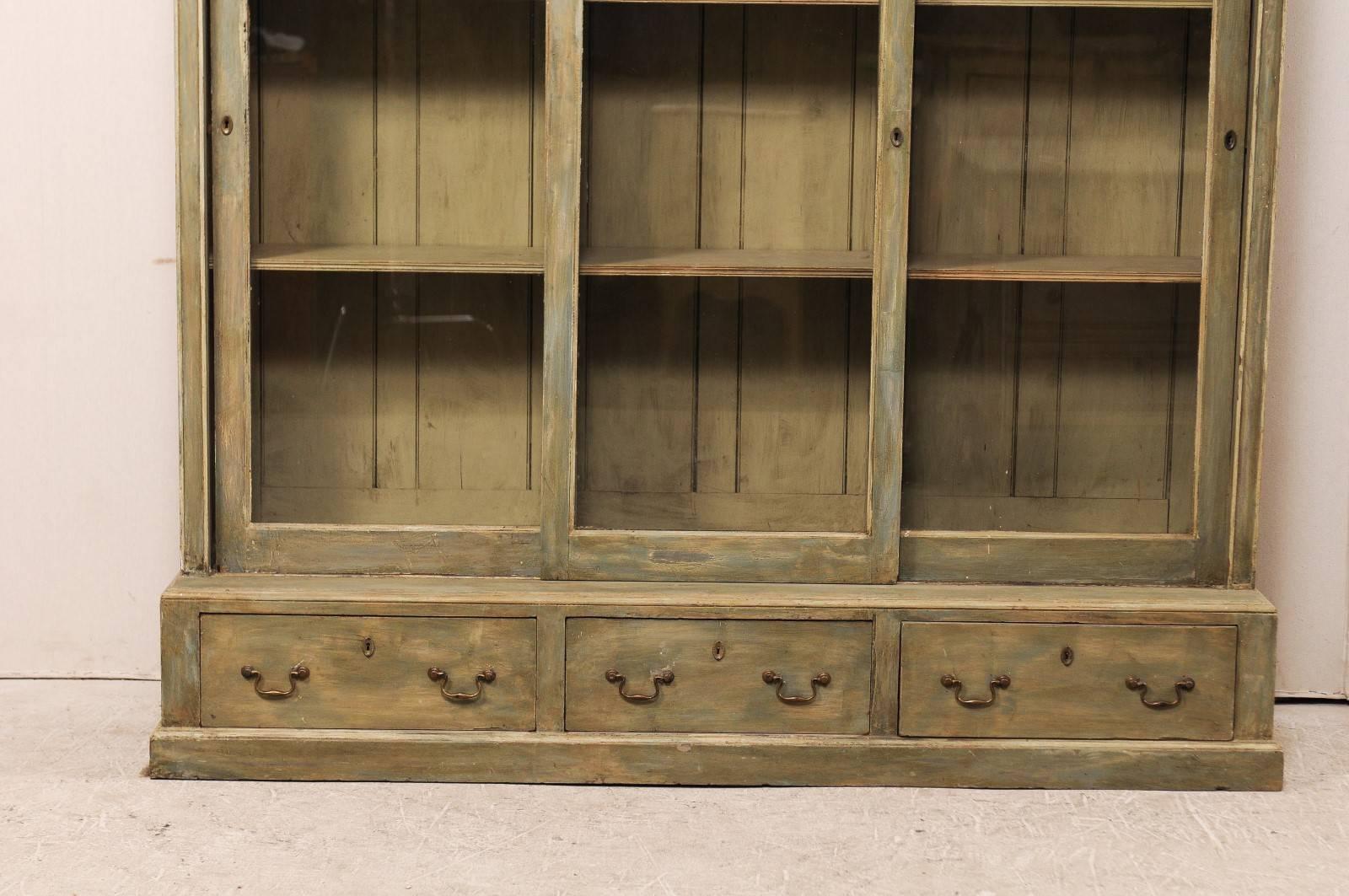 Carved French 19th Century Large Painted Wood Bookcase with Sliding Doors