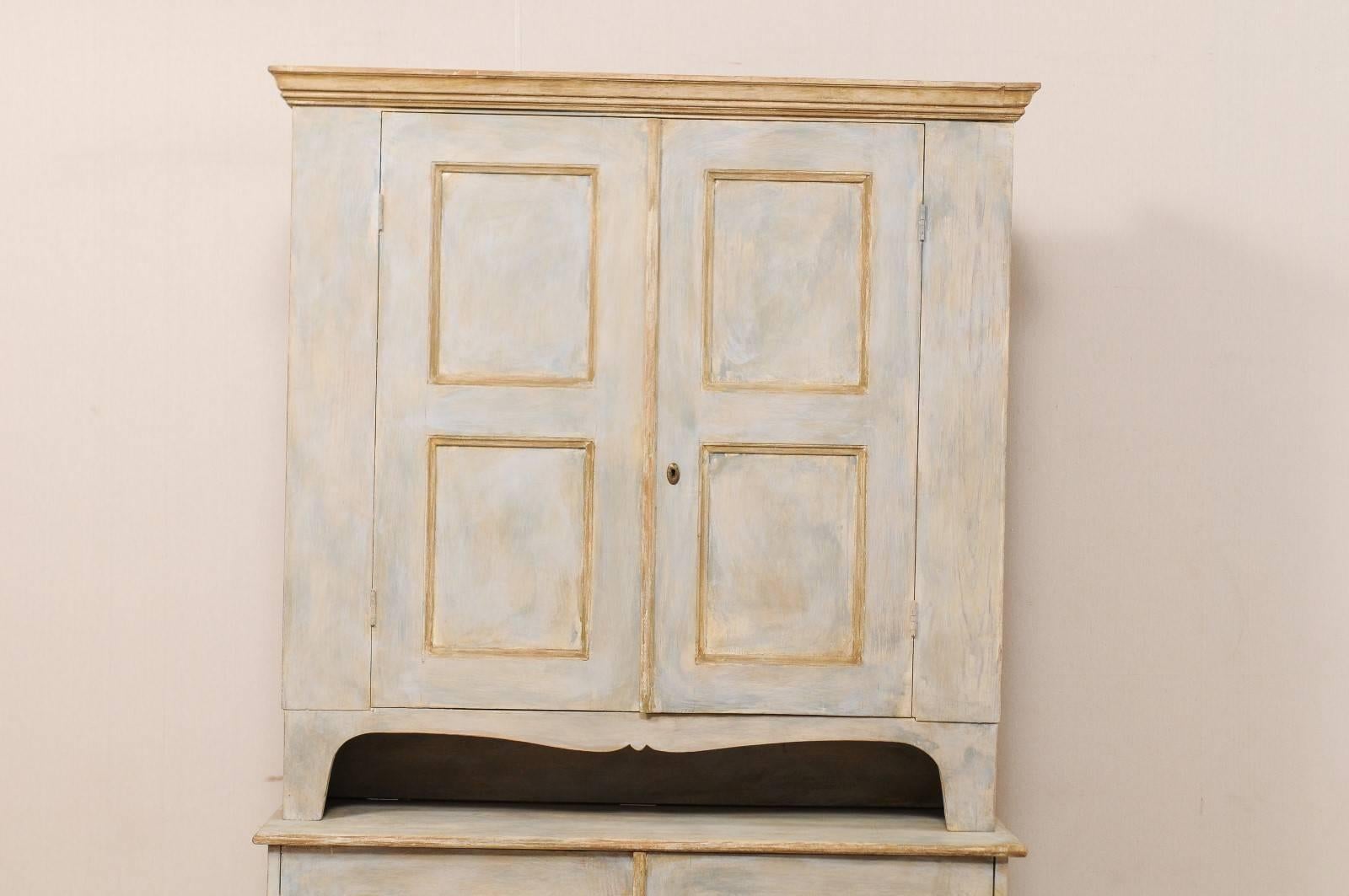 Carved Swedish Mid-19th Century Painted Wood Cabinet with Ample Shelves and Storage For Sale