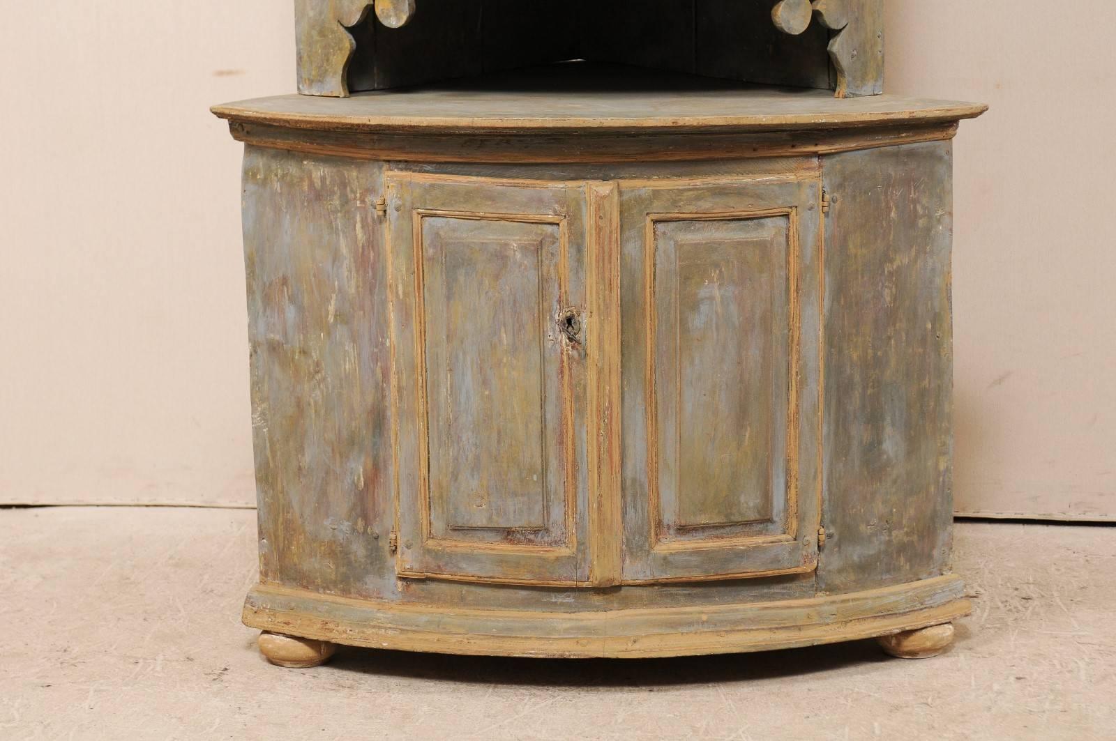 19th Century Swedish Painted Wood Corner Cabinet with Nicely Carved Details In Good Condition In Atlanta, GA