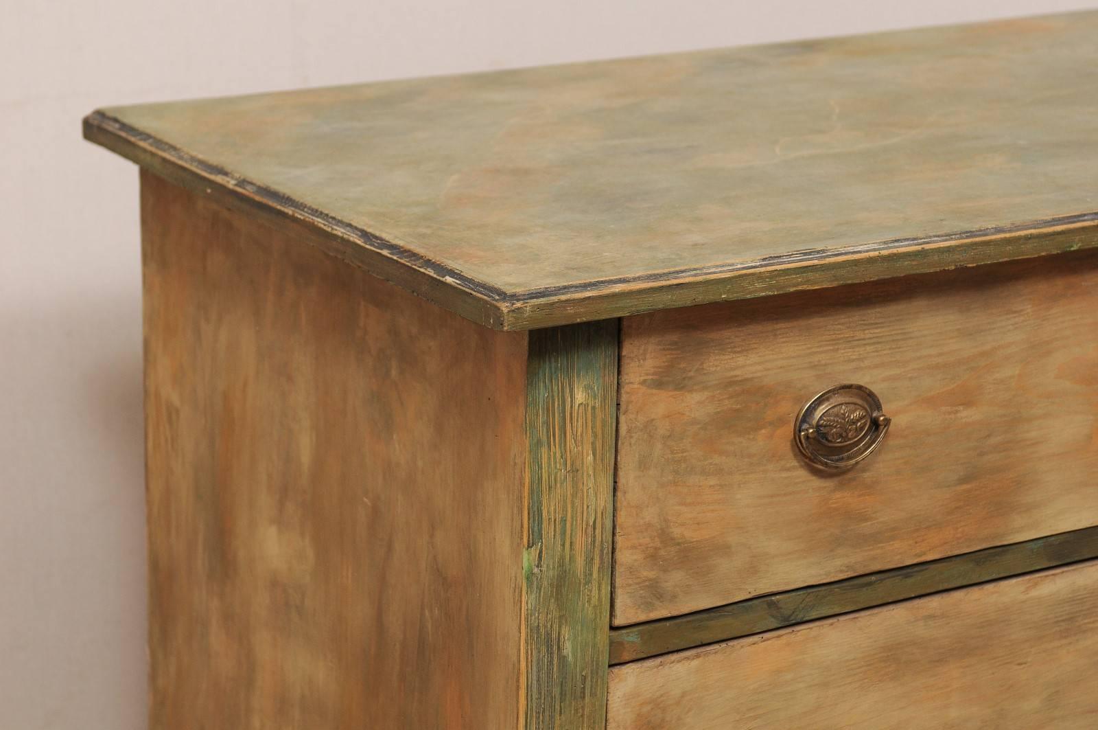 Carved 19th Century, Swedish Painted Wood Chest of Drawers in Beige and Green