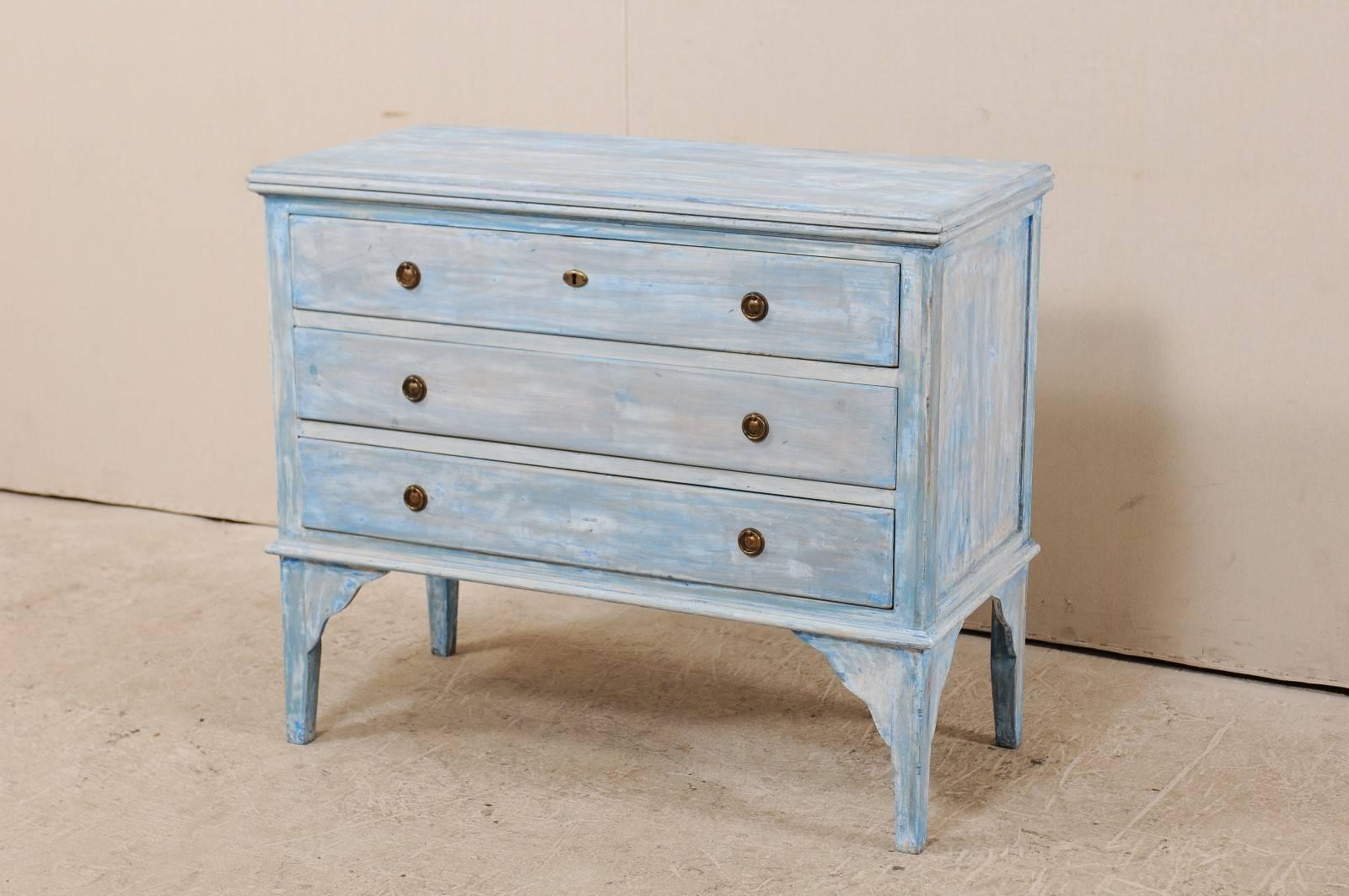 American Vintage Blue Toned Painted Wood Three-Drawer Chest Raised on Tall Scalloped Legs