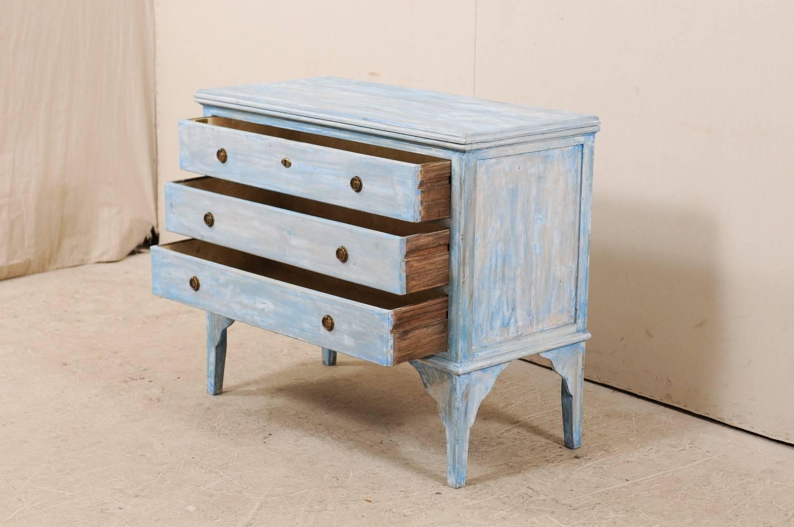 Carved Vintage Blue Toned Painted Wood Three-Drawer Chest Raised on Tall Scalloped Legs