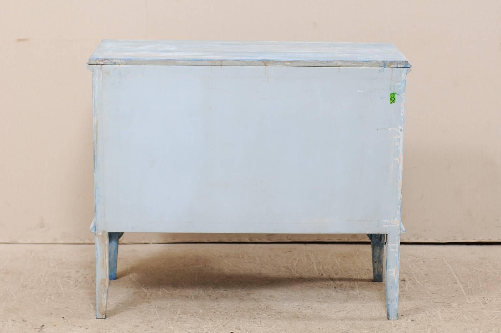 Metal Vintage Blue Toned Painted Wood Three-Drawer Chest Raised on Tall Scalloped Legs