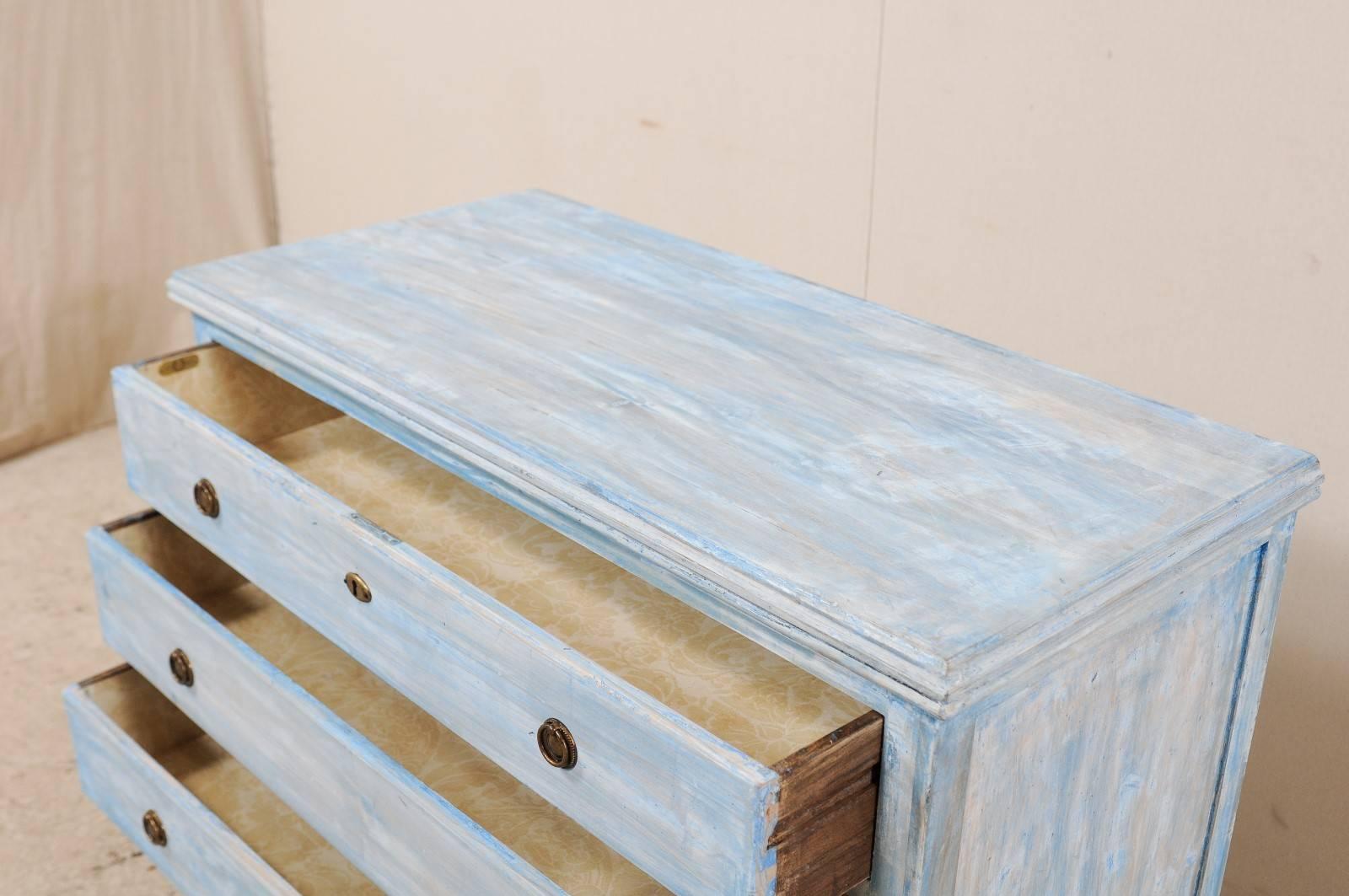 20th Century Vintage Blue Toned Painted Wood Three-Drawer Chest Raised on Tall Scalloped Legs