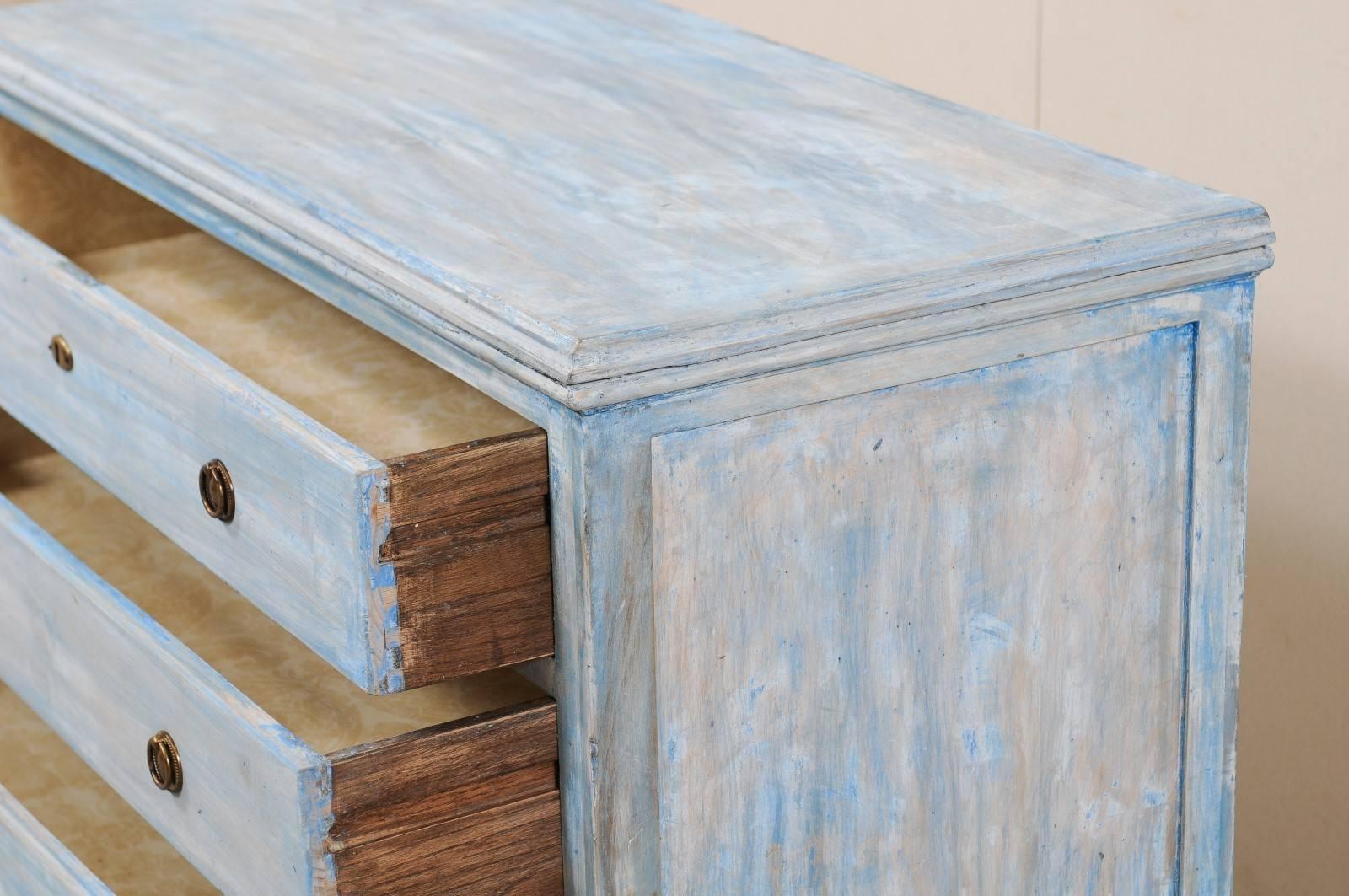 Vintage Blue Toned Painted Wood Three-Drawer Chest Raised on Tall Scalloped Legs In Good Condition In Atlanta, GA