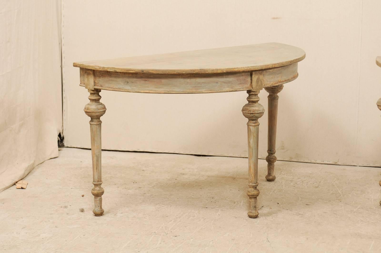 Carved Pair of Swedish Painted Wood Demi Lune Tables with Round Turned and Tapered Legs