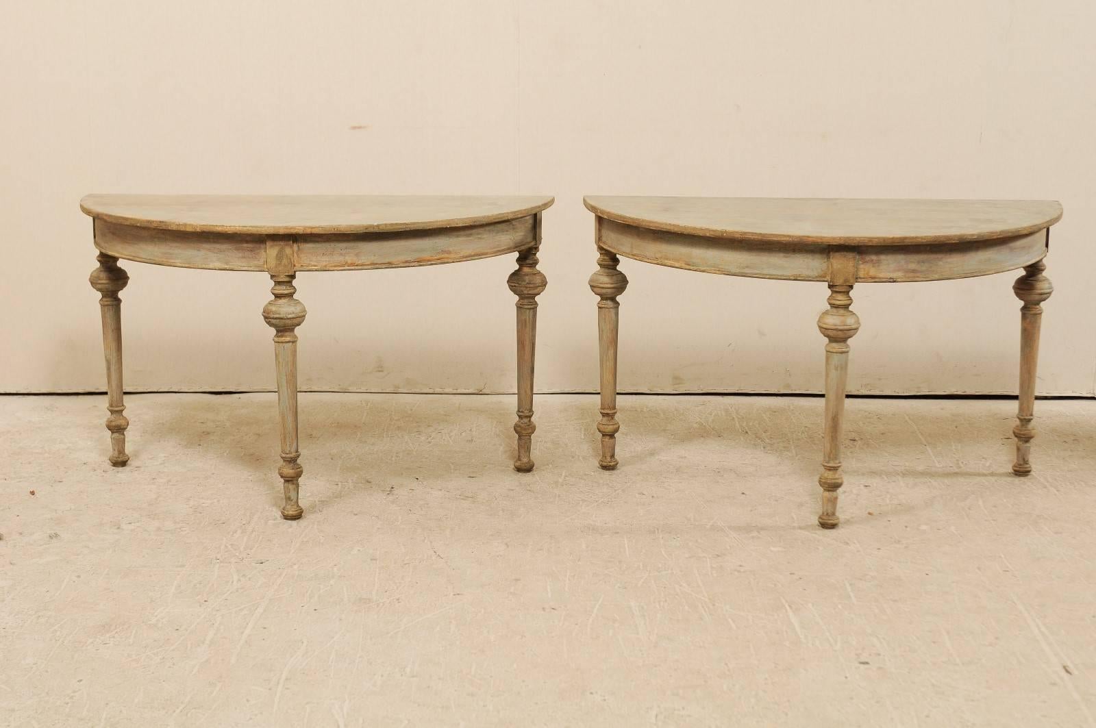 19th Century Pair of Swedish Painted Wood Demi Lune Tables with Round Turned and Tapered Legs