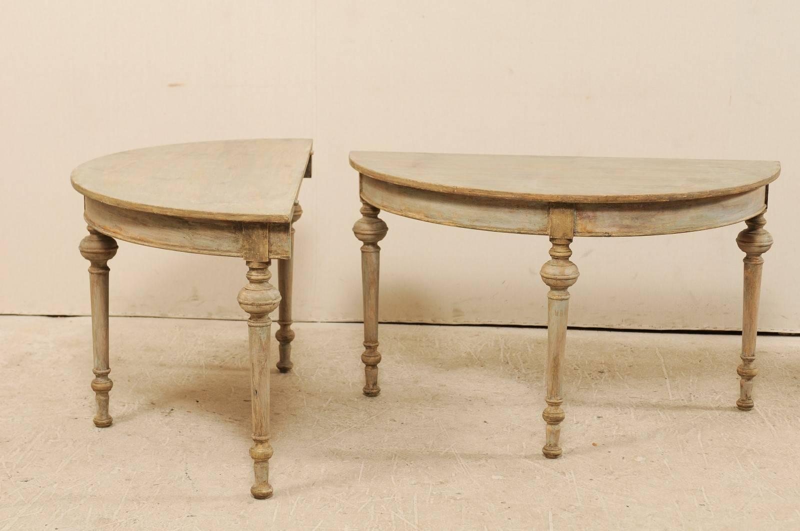 Pair of Swedish Painted Wood Demi Lune Tables with Round Turned and Tapered Legs 1