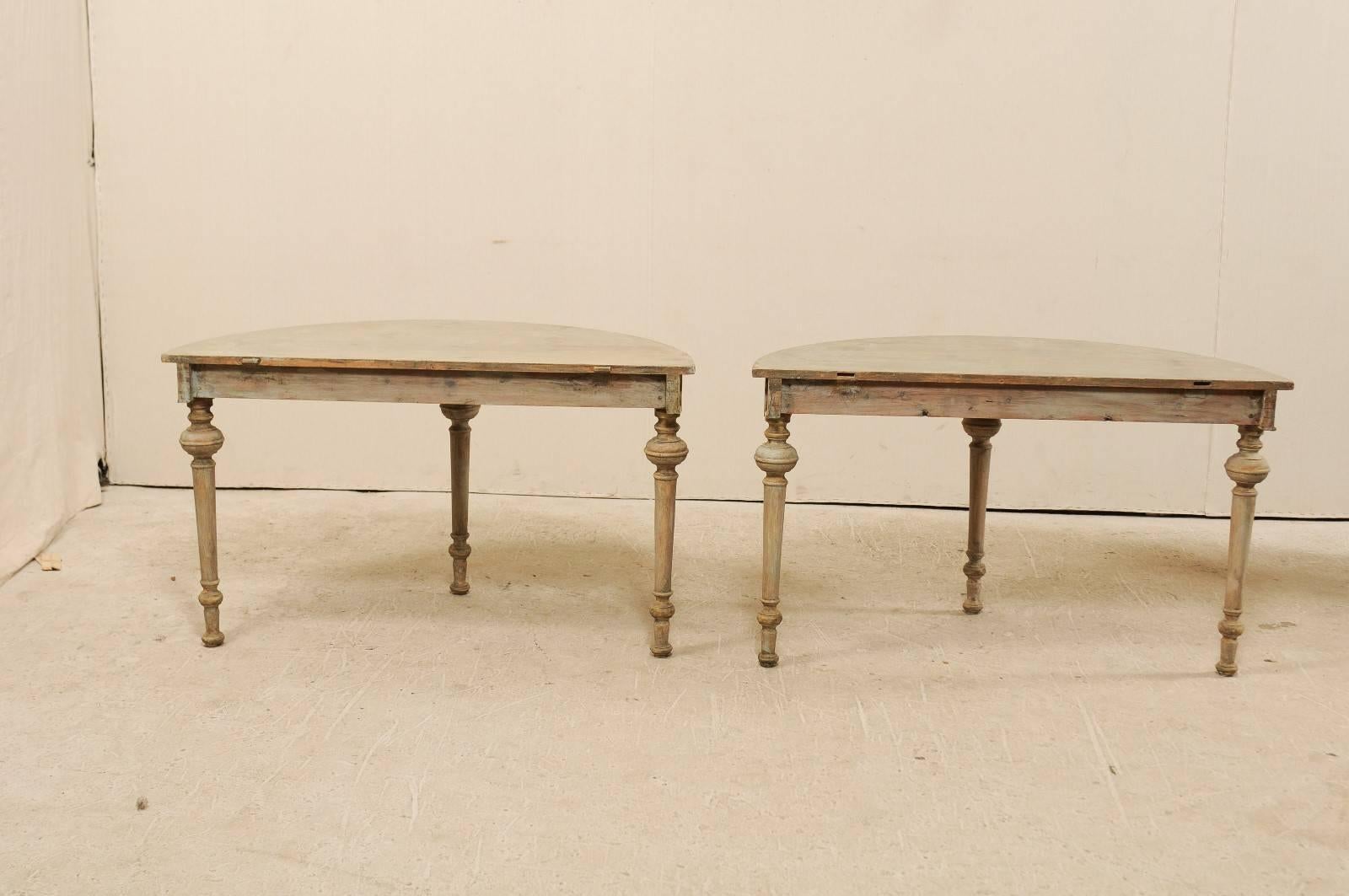 Pair of Swedish Painted Wood Demi Lune Tables with Round Turned and Tapered Legs 5
