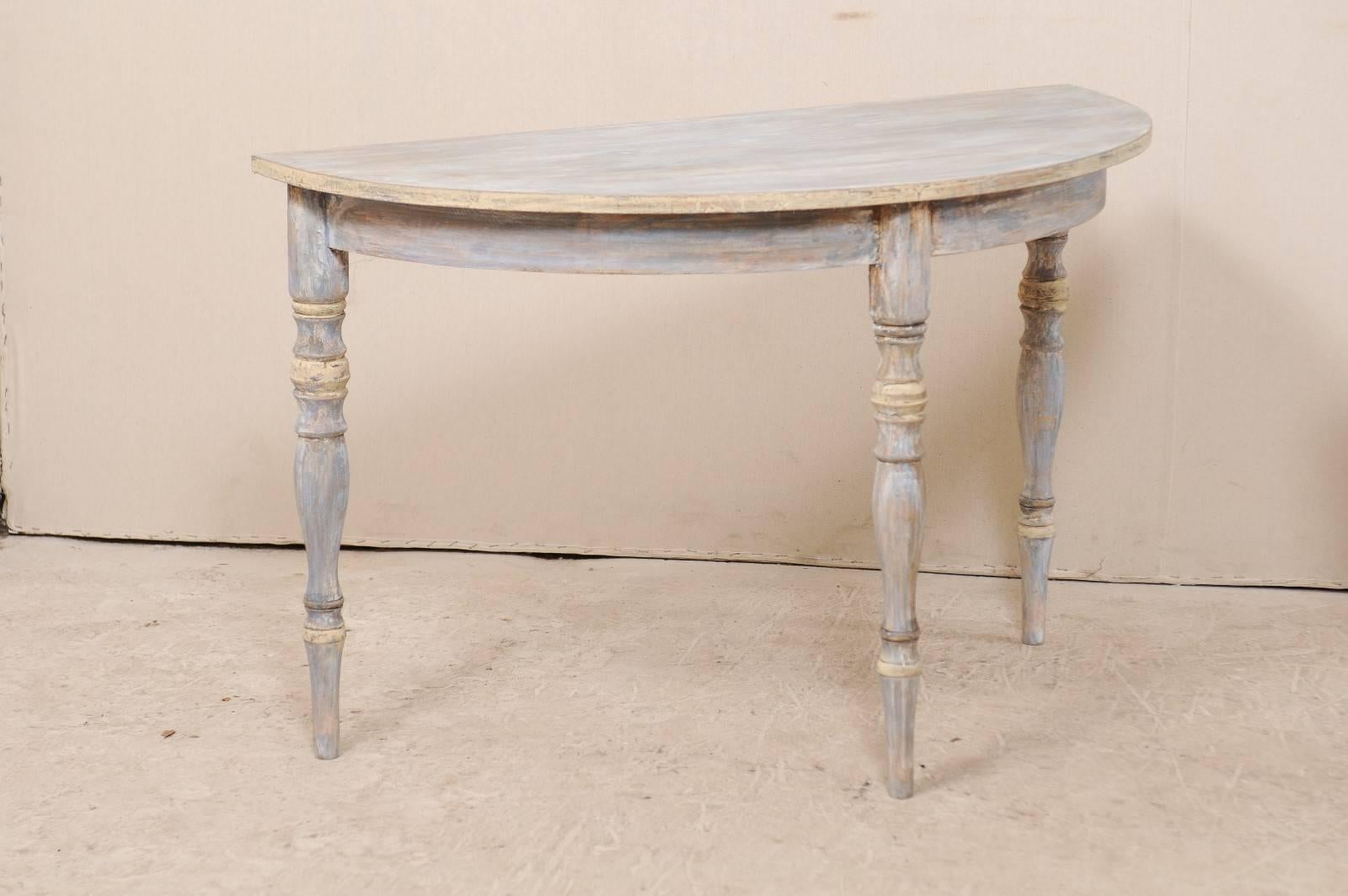 Carved Pair of 19th Century Swedish Demilune Tables of Soft Blue, Grey and Cream