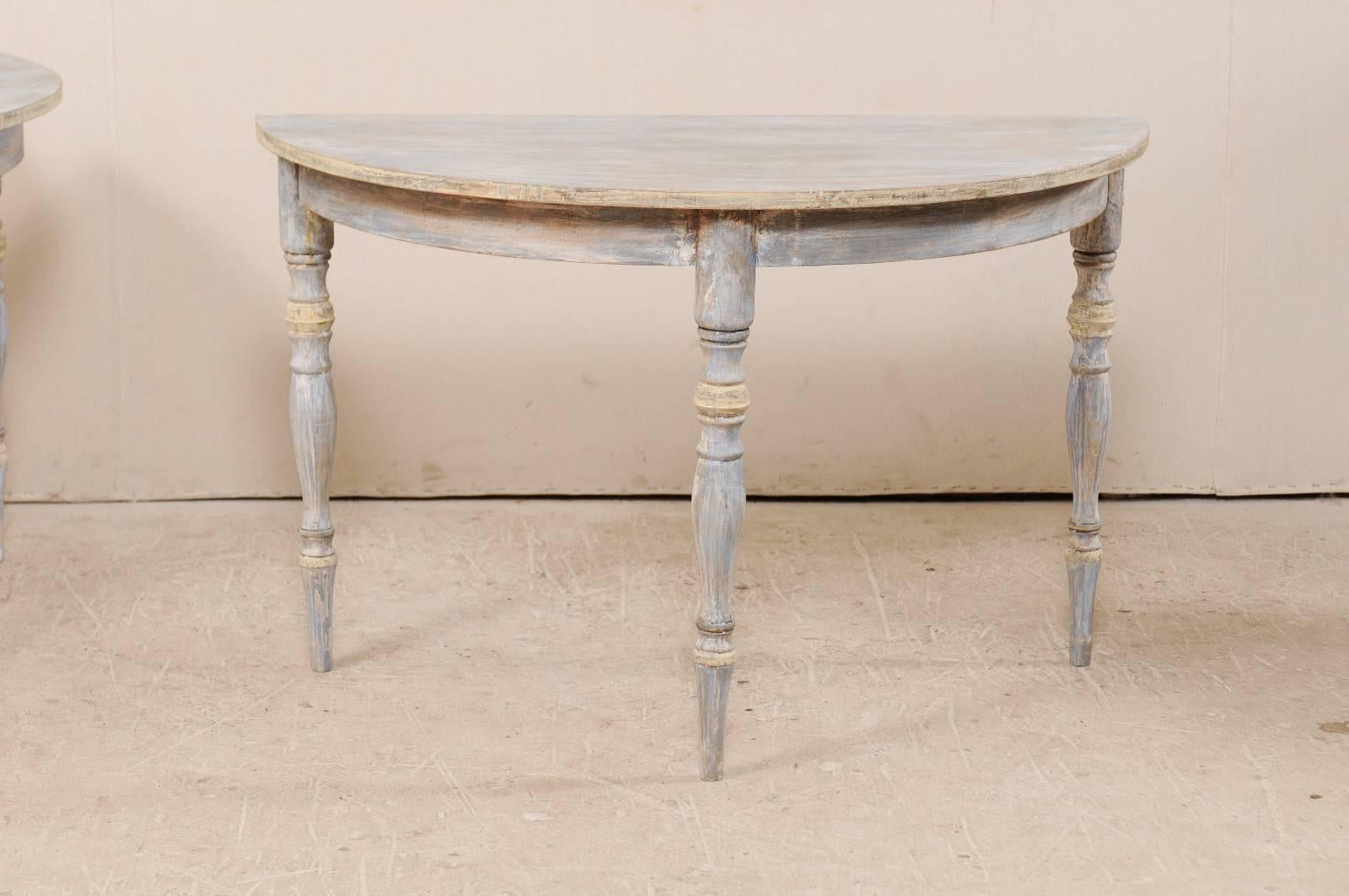 Pair of 19th Century Swedish Demilune Tables of Soft Blue, Grey and Cream In Good Condition In Atlanta, GA