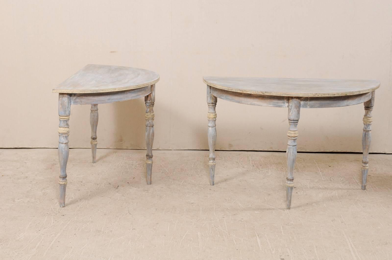 Wood Pair of 19th Century Swedish Demilune Tables of Soft Blue, Grey and Cream