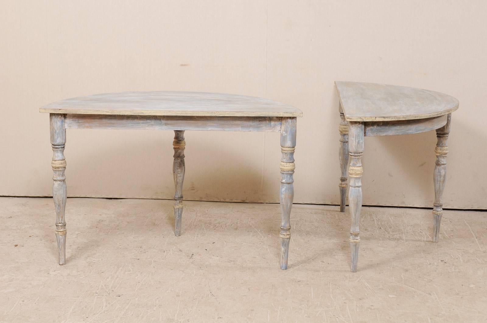 Pair of 19th Century Swedish Demilune Tables of Soft Blue, Grey and Cream 1