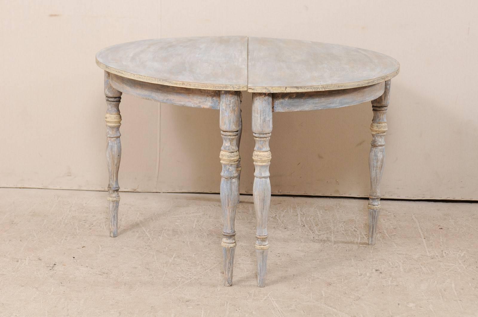 Pair of 19th Century Swedish Demilune Tables of Soft Blue, Grey and Cream 3
