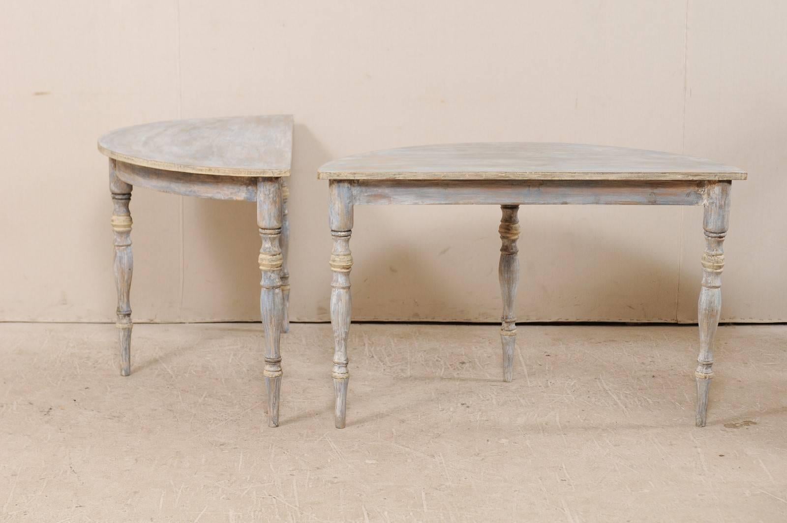 Pair of 19th Century Swedish Demilune Tables of Soft Blue, Grey and Cream 2