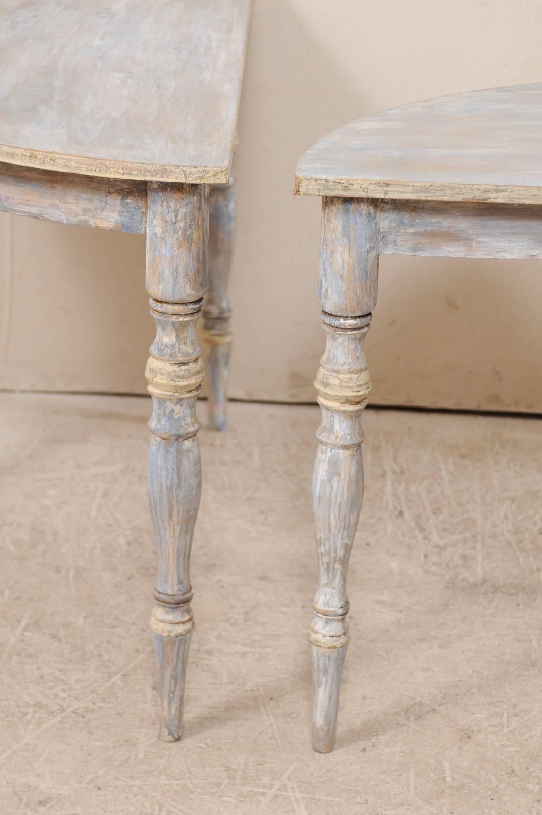 Pair of 19th Century Swedish Demilune Tables of Soft Blue, Grey and Cream 5