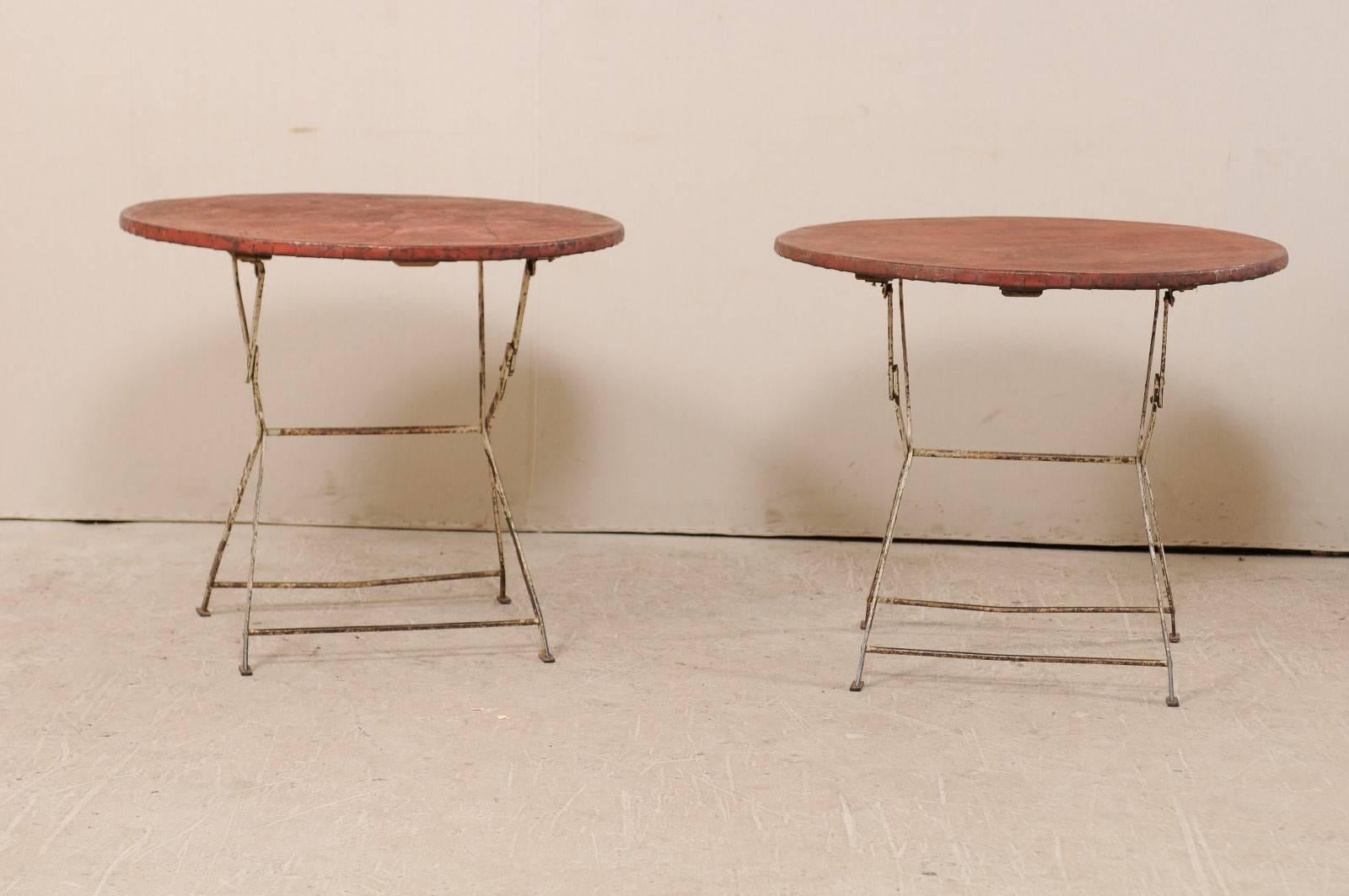 Painted Pair of French Vintage Bistrot / Café Folding Patio / Porch Tables with Red Tops