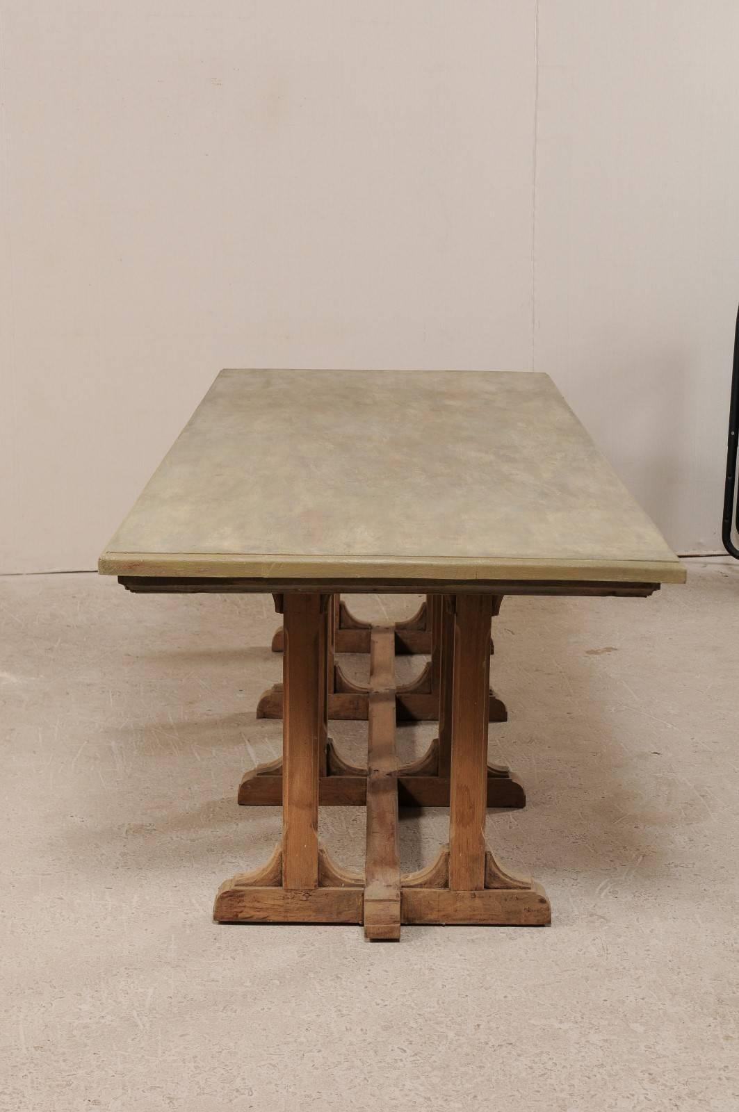 Vintage Trestle Dining Table of Nice Old Indian Teak Wood and Subtle Painted Top In Good Condition In Atlanta, GA